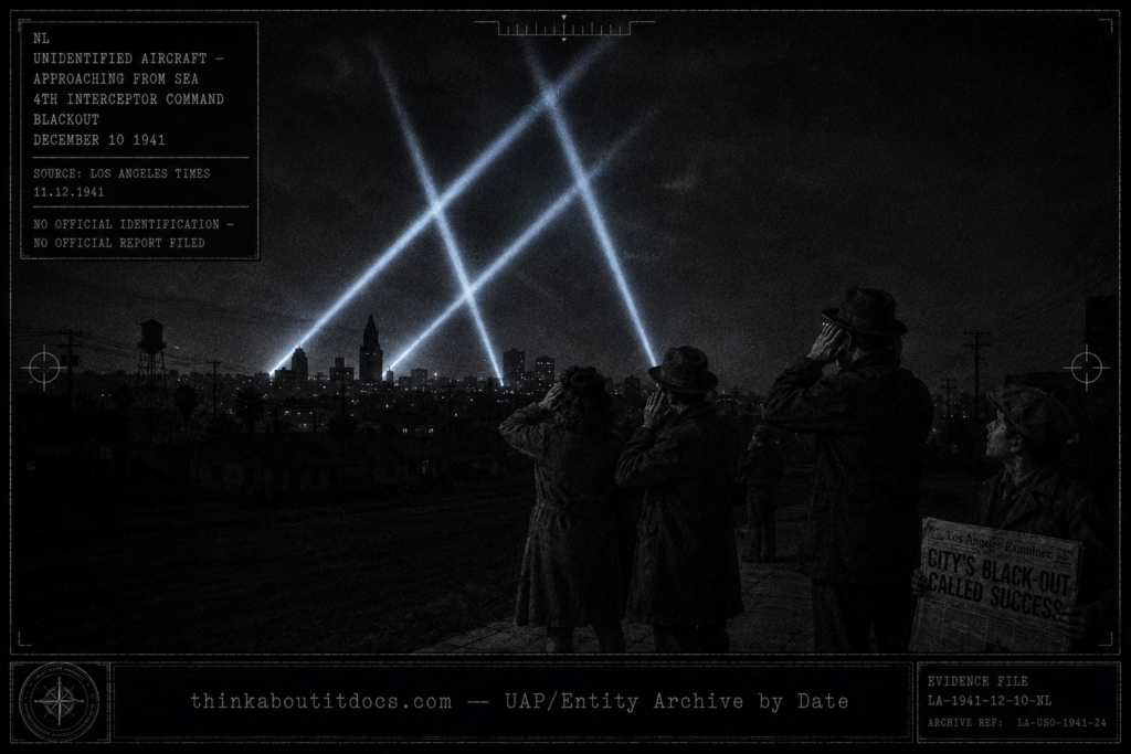 Silver gelatin halftone dossier illustration of the December 10 1941 Los Angeles wartime blackout showing a completely darkened Los Angeles cityscape silhouette at night as three Army searchlight beams sweep cold white-blue light upward into empty sky 25 miles from the waterfront while a small group of civilians stand in a dark street with hands cupped to ears hearing nothing, and a newspaper boy at the frame's edge holds the December 11 Los Angeles Times front page with the headline City's Black-out Called Success visible.