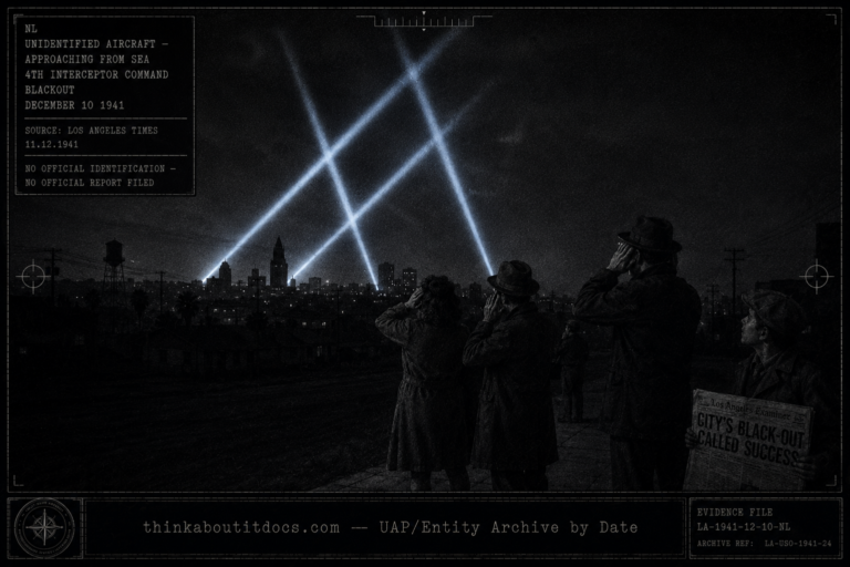Silver gelatin halftone dossier illustration of the December 10 1941 Los Angeles wartime blackout showing a completely darkened Los Angeles cityscape silhouette at night as three Army searchlight beams sweep cold white-blue light upward into empty sky 25 miles from the waterfront while a small group of civilians stand in a dark street with hands cupped to ears hearing nothing, and a newspaper boy at the frame's edge holds the December 11 Los Angeles Times front page with the headline City's Black-out Called Success visible.