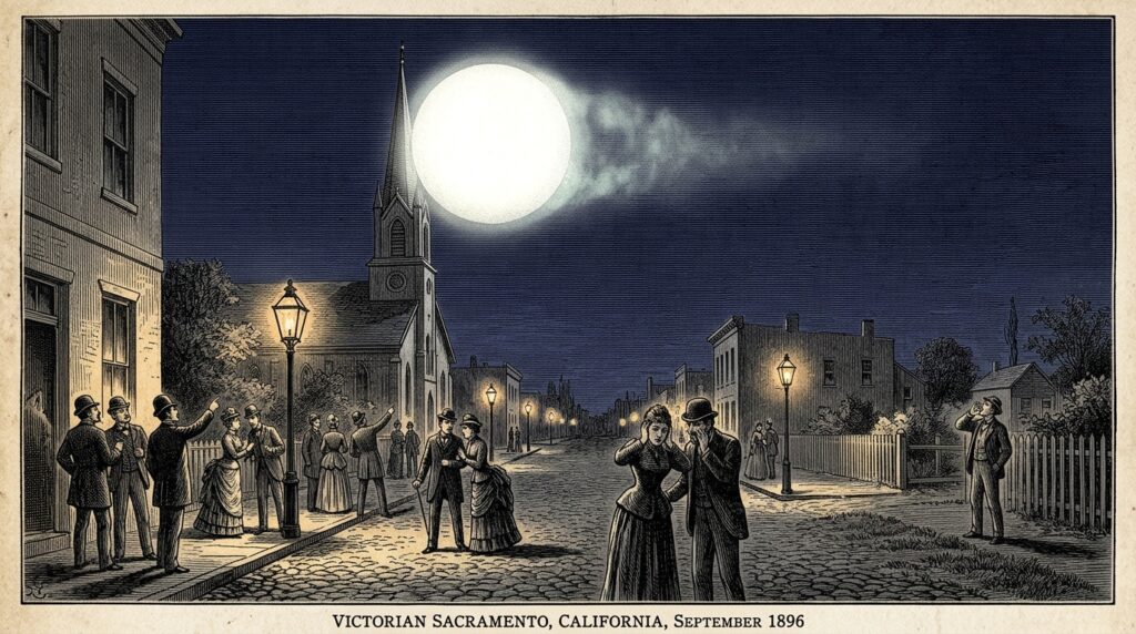 Illustration of the September 1896 Sacramento UFO sighting showing a large spherical ball of electric-white light drifting over Victorian-era rooftops and church steeples while citizens watch from the street below and one witness calls upward to warn the helmsman