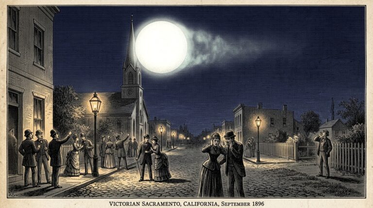 Illustration of the September 1896 Sacramento UFO sighting showing a large spherical ball of electric-white light drifting over Victorian-era rooftops and church steeples while citizens watch from the street below and one witness calls upward to warn the helmsman