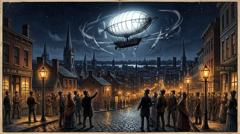 Illustration of the 1896 Sacramento mystery airship sighting showing a luminous balloon-shaped craft with electric-arc light hovering over Victorian rooftops while citizens watch from the street below