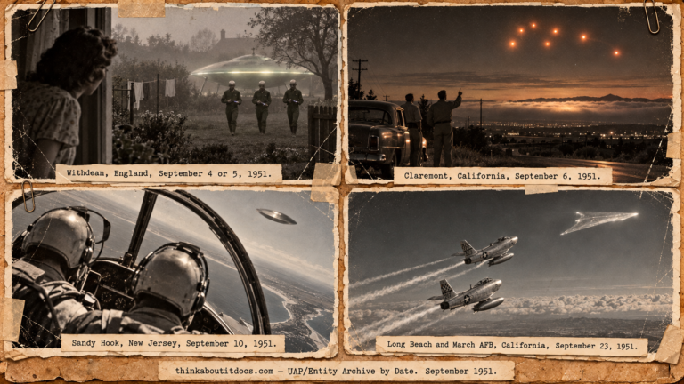 Four-panel vintage press-photo collage of September 1951 UFO sightings: Withdean garden entities, Claremont orange lights, a Sandy Hook silver disc and F-86 jets over March AFB