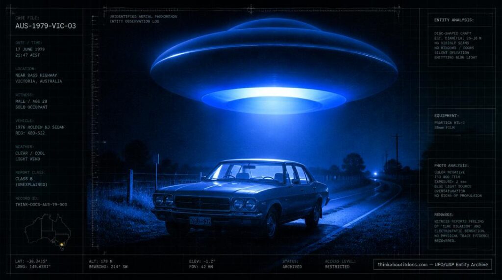 Illustration of the 1972 Maureen Puddy UFO encounter showing a glowing blue disc-shaped object hovering above a car on a dark Victorian road