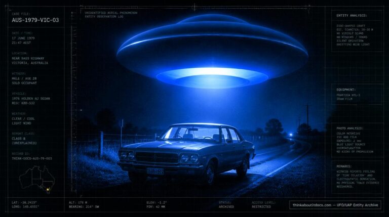 Illustration of the 1972 Maureen Puddy UFO encounter showing a glowing blue disc-shaped object hovering above a car on a dark Victorian road