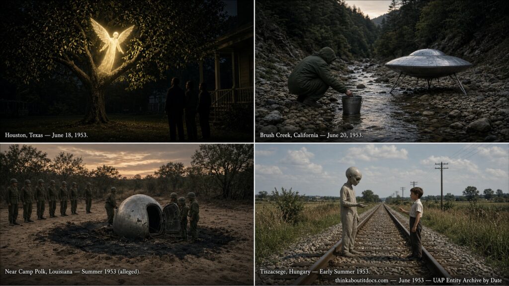 Four-panel collage of June 1953 UFO sightings: the Houston Batman entity in a pecan tree, the Brush Creek California water carrier, the alleged Camp Polk Louisiana crash retrieval, and the Tiszacsege Hungary telepathic encounter