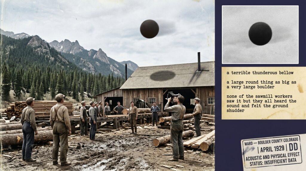 Dossier composite illustration of the April 1929 Ward Colorado sawmill UFO case showing a large round object as big as a boulder passing at low altitude over a high mountain sawmill operation as frozen workers react to the thunderous sound and ground shudder without looking up while Edward Pline captures the object in his photograph with evidence panels showing the photograph reference and the Hetty Pline letter corroboration