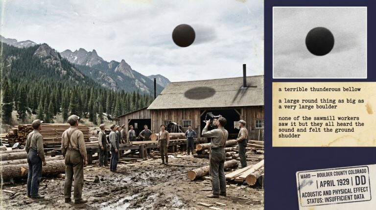 Dossier composite illustration of the April 1929 Ward Colorado sawmill UFO case showing a large round object as big as a boulder passing at low altitude over a high mountain sawmill operation as frozen workers react to the thunderous sound and ground shudder without looking up while Edward Pline captures the object in his photograph with evidence panels showing the photograph reference and the Hetty Pline letter corroboration