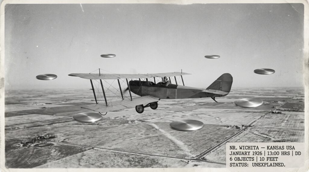 Illustration of the January 1926 Wichita Kansas DD encounter showing six small shiny metallic disc-shaped objects in circular formation surrounding a 1926 open-cockpit biplane at approximately ten feet distance as pilot Bert Acosta looks directly at the nearest disc from his open cockpit over flat winter Kansas farmland