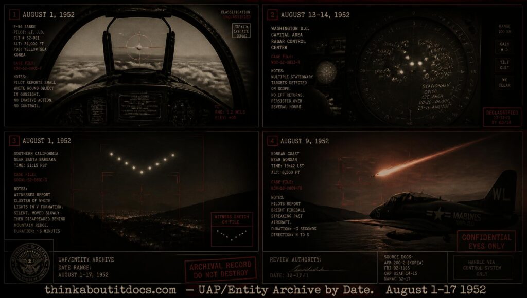 Collage of early-to-mid August 1952 UFO sightings including the Wright-Patterson gun-camera intercept and the Washington DC radar return