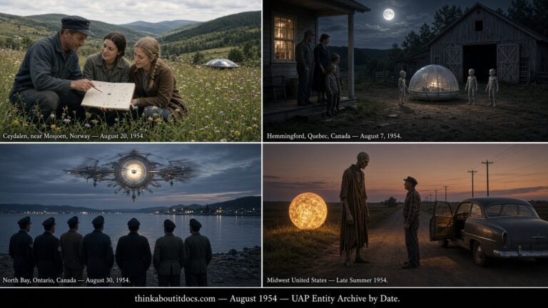 Four-panel collage of August 1954 UFO sightings: the Ceydalen Norway encounter, the Hemmingford Quebec sighting, the North Bay Ontario RCAF case, and the Midwest Moroni entity encounter