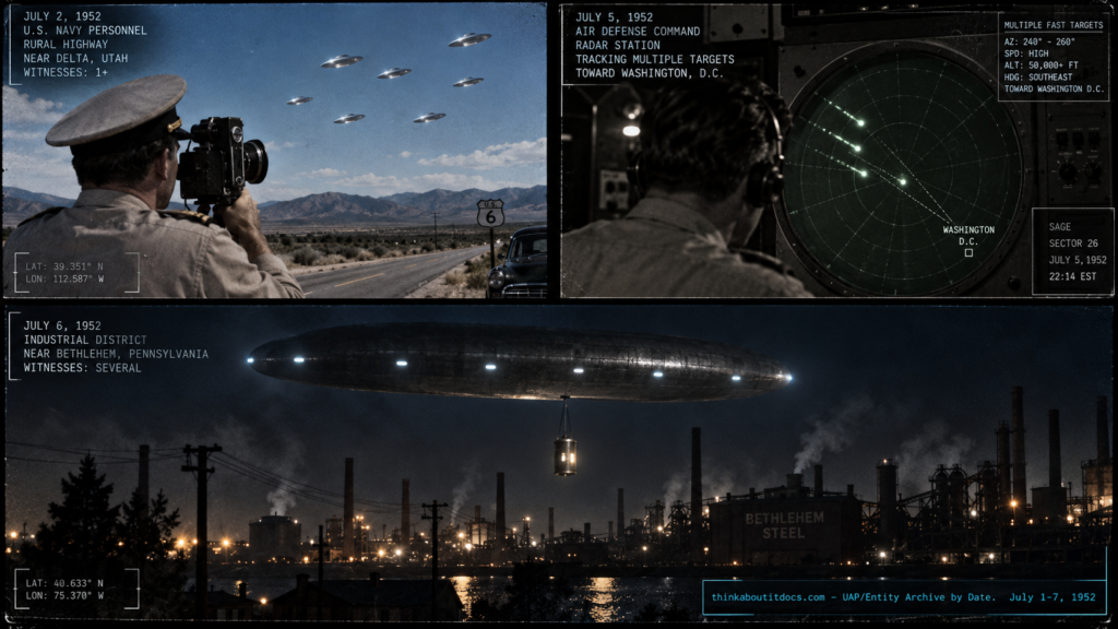 Illustrated collage of the first week of July 1952 UFO cases including the Tremonton Utah Newhouse film and the Fort Monmouth radar detection