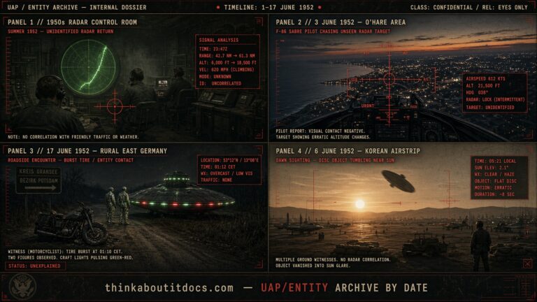 Collage of early-to-mid June 1952 UFO sightings including the Oskar Linke Hasselbach landing case and the Hughes Aircraft radar climb