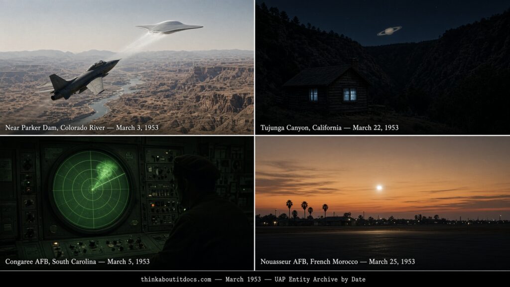 Four-panel collage of March 1953 UFO sightings: an F-84 gun-camera pursuit near Parker Dam on March 3, the Tujunga Canyon cabin encounter on March 22, a Congaree AFB radar scope on March 5, and a landed object at Nouasseur AFB Morocco on March 25