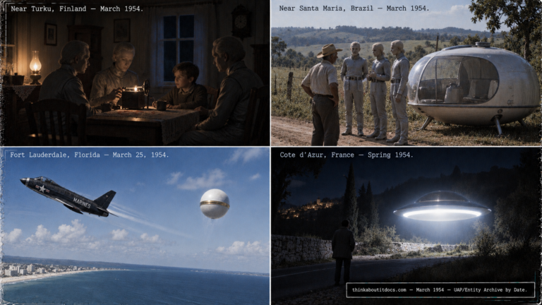 Four-panel collage of March 1954 UFO sightings: the Turku Finland house visits, the Santa Maria Brazil encounters, the Fort Lauderdale Florida Marine pilot sighting, and the Cote d'Azur France encounter