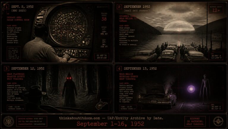 Collage of early-to-mid September 1952 UFO sightings including the Flatwoods Monster, Frametown West Virginia, and the Summerland British Columbia lake sighting