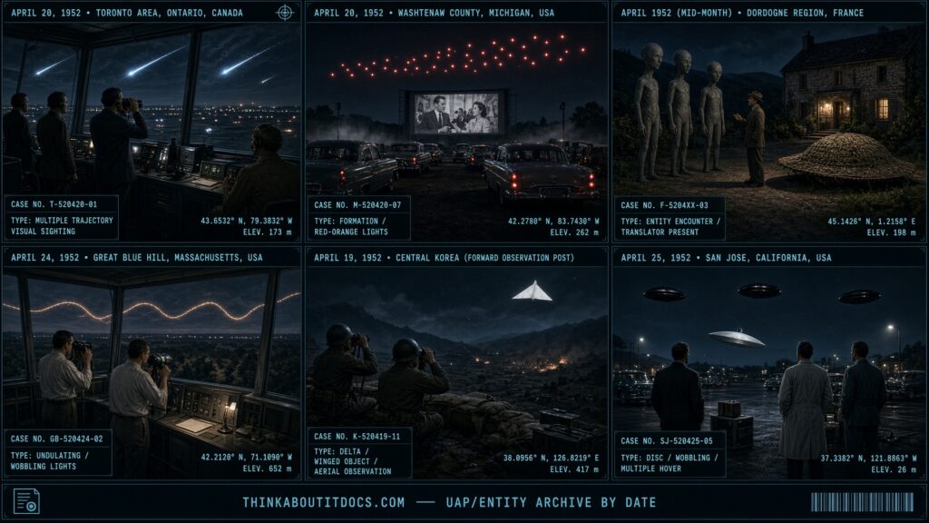 Six-panel collage of April 1952 UFO sightings including Toronto Ontario, Flint Michigan, and Nimes France