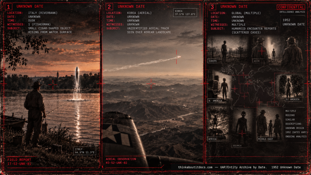Collage representing 1952 UFO and entity sightings with no recorded specific date, including the Francavilla Italy river case