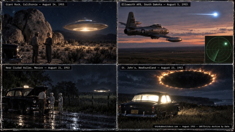 Four-panel collage of August 1953 UFO sightings: George Van Tassel's Giant Rock contact, the Ellsworth AFB radar-visual pursuit, the Villanueva contact near Ciudad Valles Mexico, and the St Johns Newfoundland encounter