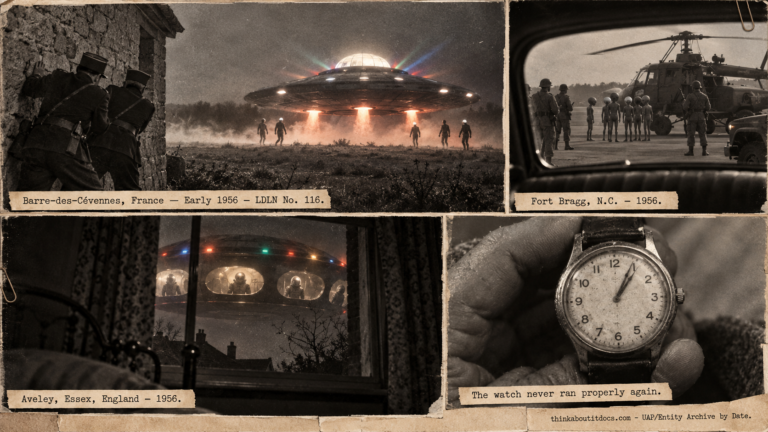 Four-panel 1950s international press-photo collage: two French gendarmes pinned against a barn wall by a hovering disc with colored rays and circling silhouettes at Barre-des-Cévennes, gray figures by a Fort Bragg helicopter, a disc with oval portholes and figures inside at Aveley Essex, and a close-up of a stopped wristwatch.