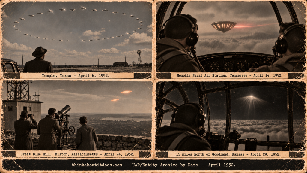Four-panel vintage collage of April 1952 UFO sightings: a formation of discs over Temple, a Navy cockpit at Memphis, a hilltop telescope at Great Blue Hill and a B-29 nose at Goodland.