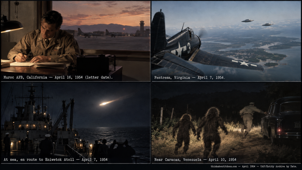 Four-panel collage of April 1954 UFO sightings: the Muroc AFB Eisenhower legend's origin letter, the Fentress Virginia Navy pilot pursuit, the USS Curtiss sighting at sea, and the opening incident of Venezuela's hairy dwarves wave