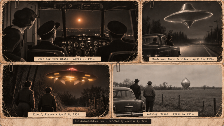 Four-panel 1950s press-photo collage of April 1956 UFO sightings: an orange light ahead of an American Airlines cockpit over New York, a top-shaped object over Route 1 in North Carolina, a finned disc near Elbeuf, France, and a landed craft near McKinney, Texas.
