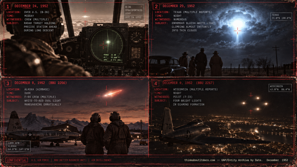 Collage of December 1952 UFO sightings including the Dallas Texas B-36 radar case and the Vega Texas B-26 climb encounter