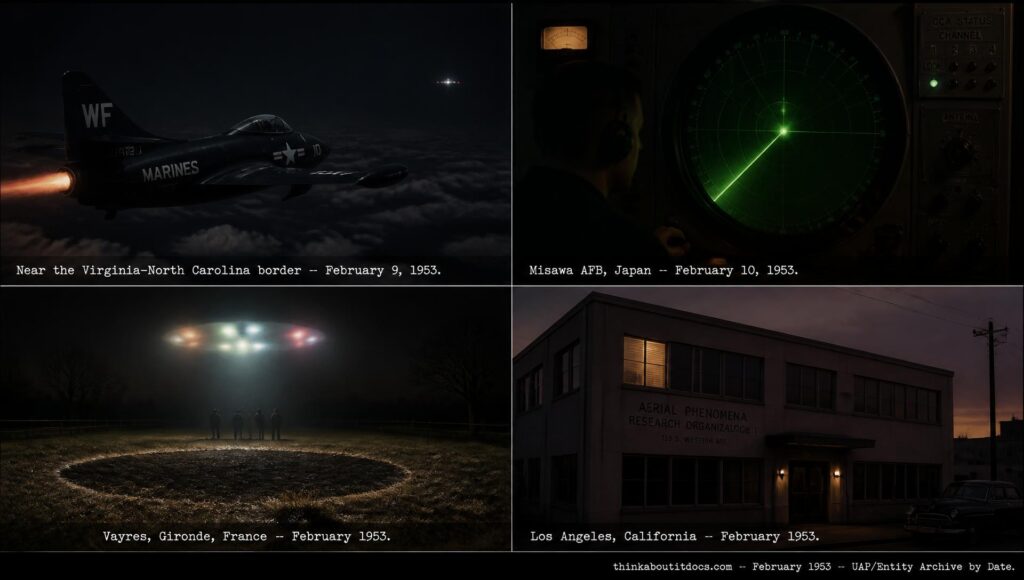 Four-panel collage of February 1953 UFO sightings: an F9F Panther jet intercept near the Virginia-North Carolina border on February 9, a Misawa Japan radar scope on February 10, a burned field in Vayres France, and the Los Angeles entity encounter