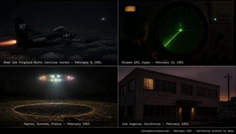 Four-panel collage of February 1953 UFO sightings: an F9F Panther jet intercept near the Virginia-North Carolina border on February 9, a Misawa Japan radar scope on February 10, a burned field in Vayres France, and the Los Angeles entity encounter