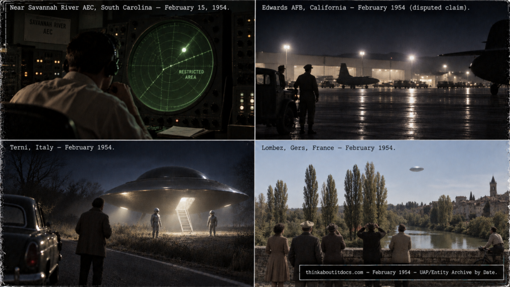 Four-panel collage of February 1954 UFO sightings: the Savannah River AEC radar case, the disputed Edwards AFB Eisenhower legend, the Terni Italy encounter, and the Lombez France sighting