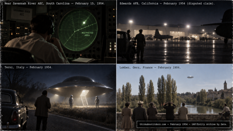 Four-panel collage of February 1954 UFO sightings: the Savannah River AEC radar case, the disputed Edwards AFB Eisenhower legend, the Terni Italy encounter, and the Lombez France sighting