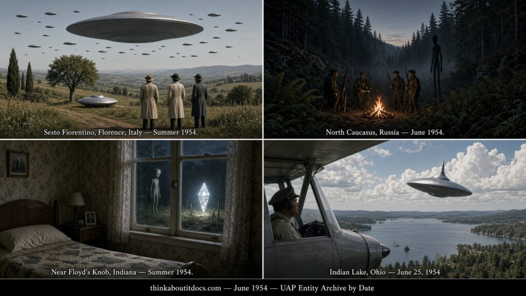 Four-panel collage of June 1954 UFO sightings: the Sesto Fiorentino Italy encounter, the North Caucasus Russia entity case, the Floyd's Knob Indiana abduction, and the Indian Lake Ohio radar-confirmed sighting