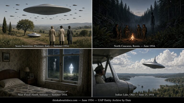 Four-panel collage of June 1954 UFO sightings: the Sesto Fiorentino Italy encounter, the North Caucasus Russia entity case, the Floyd's Knob Indiana abduction, and the Indian Lake Ohio radar-confirmed sighting
