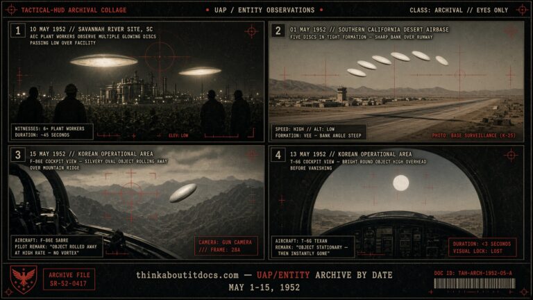 Collage of early May 1952 UFO sightings: Savannah River Plant, George AFB California, and Korean-theater jet intercepts