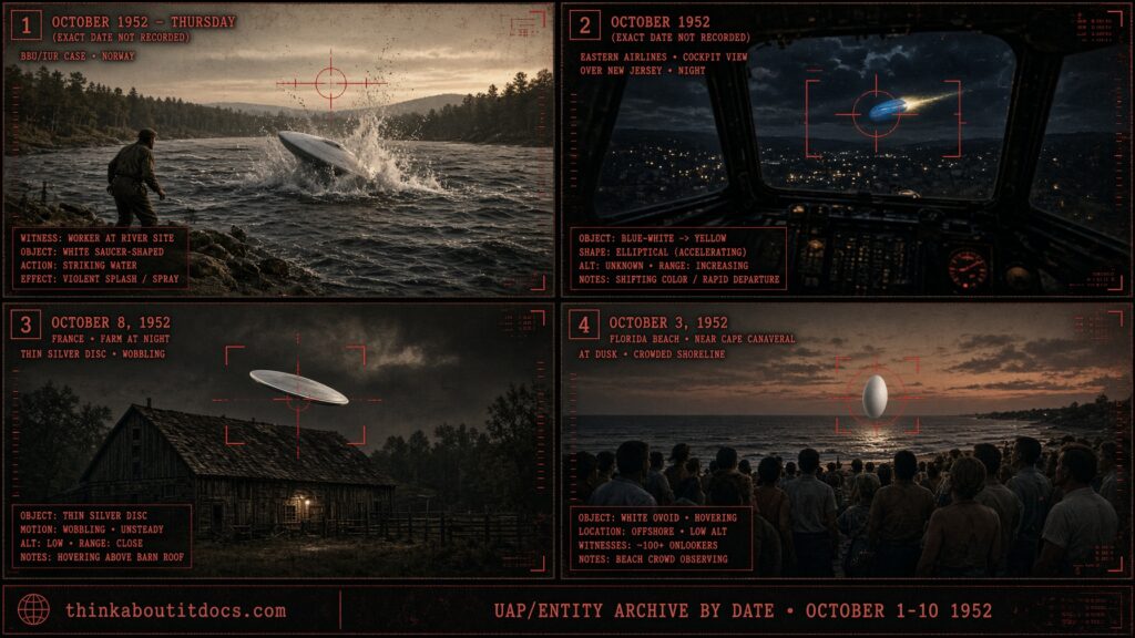 Collage of early October 1952 UFO sightings including the River Lågen Norway splashdown and the Cocoa Beach Florida sighting