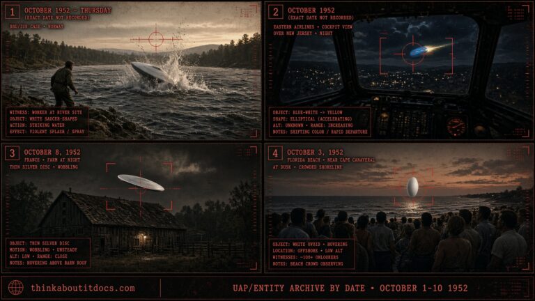 Collage of early October 1952 UFO sightings including the River Lågen Norway splashdown and the Cocoa Beach Florida sighting