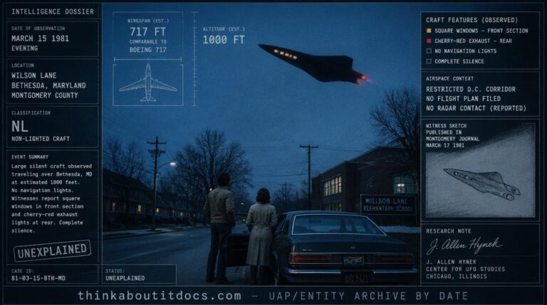 Intelligence dossier image for the March 15 1981 Bethesda Maryland NL showing a large dark craft silhouette with row of amber-lit square windows and cherry-red rear exhaust lights crossing the dark blue evening sky above suburban Wilson Lane as a couple watches from their stopped car