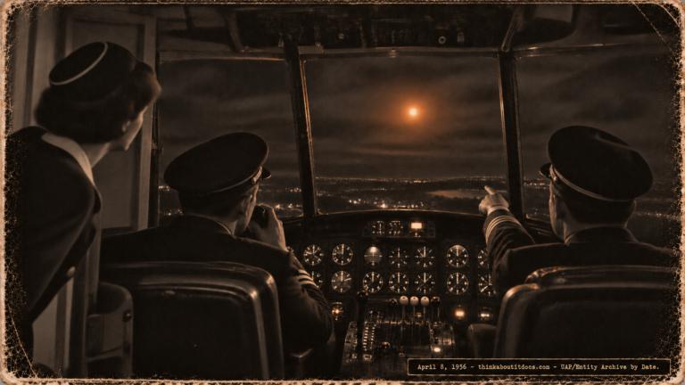 1950s-style illustration from inside an American Airlines cockpit as the crew follows an orange UFO light across New York State on April 8, 1956