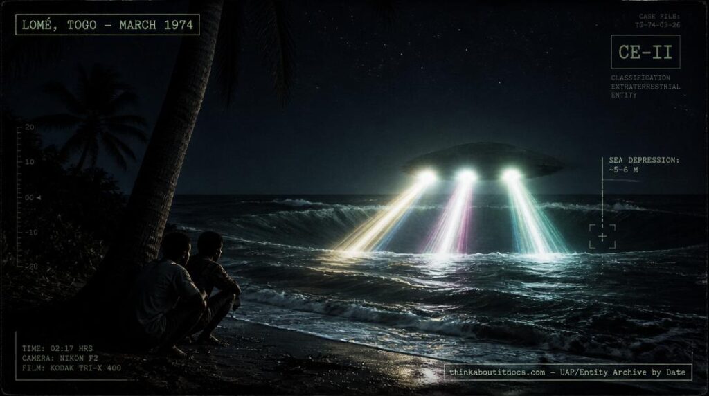 Illustration of the dark mass and blinding multicolored lights reported over the sea near Lomé, Togo in the early hours of March 29, 1974