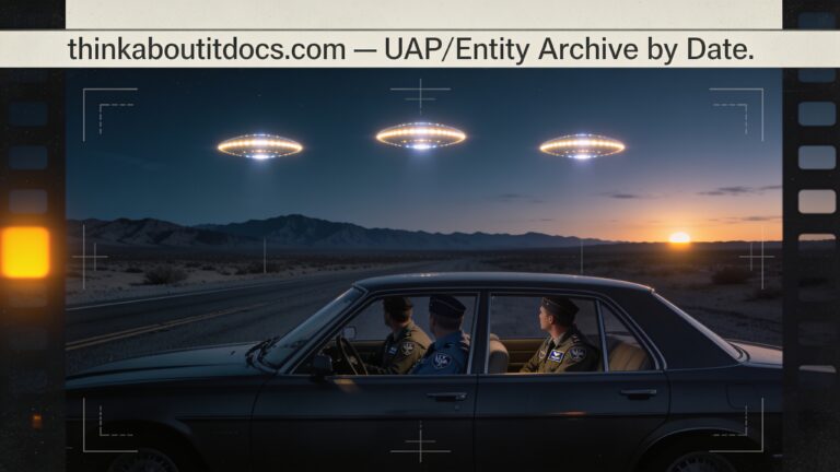 Dossier-style illustration of the 1978 Phelan, California sighting showing three USAF airmen in a car watching three glowing oval objects hover over desert mountains at dawn