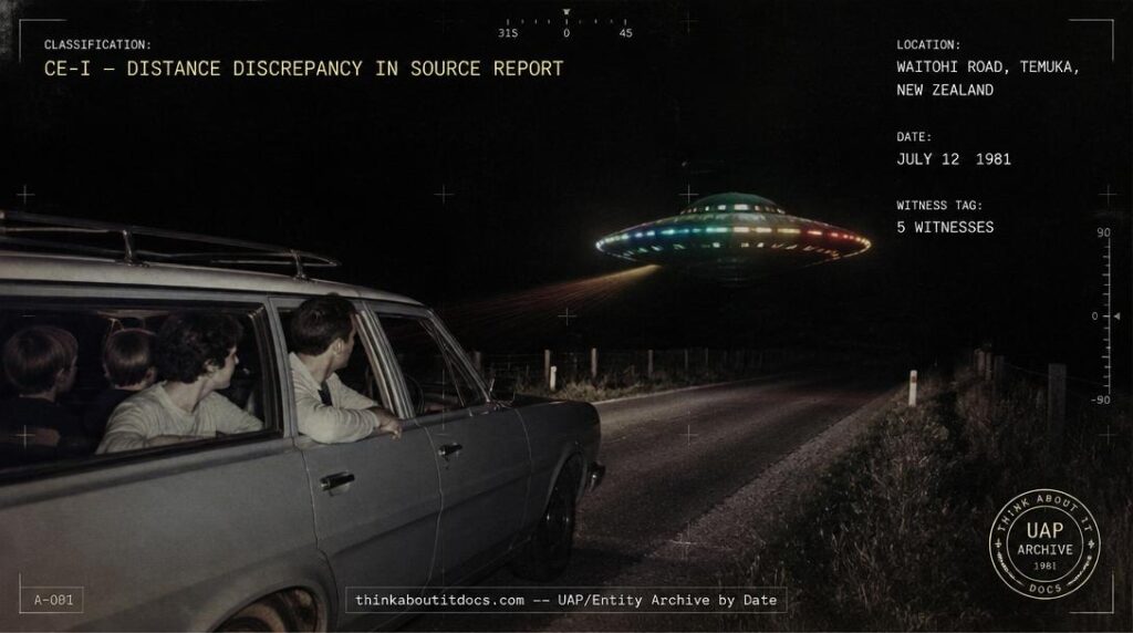 A color-changing, disc-shaped UFO with a golden-red trail pacing a family's car on a rural South Canterbury road at night, July 1981