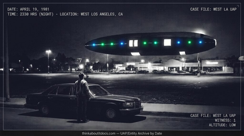 Dossier-style illustration of the 1981 West Los Angeles sighting showing a man beside his car watching a silent, wingless, cigar-shaped object with lit windows and running lights hovering low overhead
