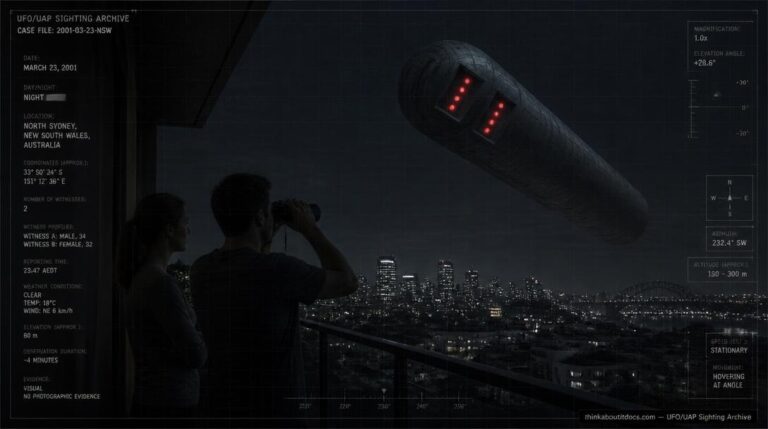 Illustration of the 2001 North Sydney UFO sighting showing a massive gunmetal cylindrical craft with red lights hovering above an apartment block at night