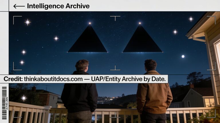 Dossier-style illustration of the 2005 San Francisco sighting showing two witnesses on a deck watching two enormous black triangular objects with faint pulsating lights gliding overhead at night