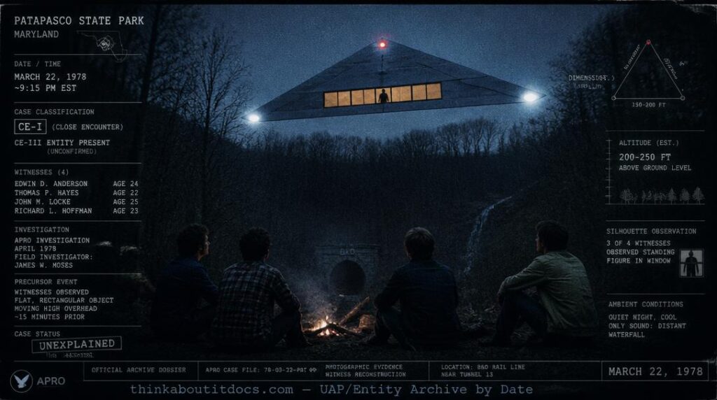 Intelligence dossier image for the March 22 1978 Patapsco State Park Maryland CE-I showing a massive bluish-grey triangle with white corner lights and large illuminated windows revealing a silhouetted figure drifting at 200 feet above bare trees as four young campers watch from around a campfire