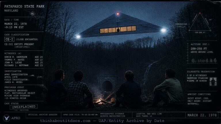 Intelligence dossier image for the March 22 1978 Patapsco State Park Maryland CE-I showing a massive bluish-grey triangle with white corner lights and large illuminated windows revealing a silhouetted figure drifting at 200 feet above bare trees as four young campers watch from around a campfire