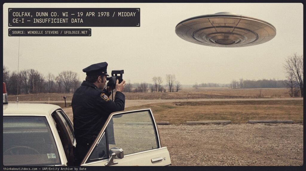 Dossier-style Kodachrome reconstruction of police officer Mark Coltrane standing beside his patrol car near Colfax Dunn County Wisconsin holding a Polaroid camera angled up at a metallic disc hovering at close range with visible lower-surface structural detail April 1978 midday