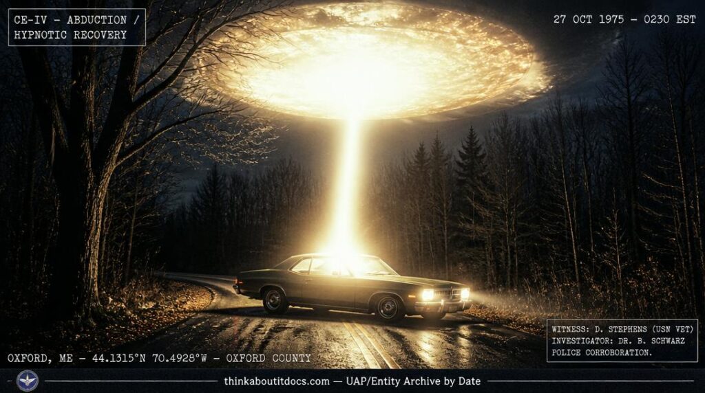 Dossier-style reconstruction of the October 27, 1975 Oxford Maine abduction showing a 1970s sedan skidded sideways on a dark rural road with an enormous luminous mass above the treeline projecting a blinding white-gold beam onto the vehicle with bare October trees casting shadows and HUD classification and investigator credential stamps