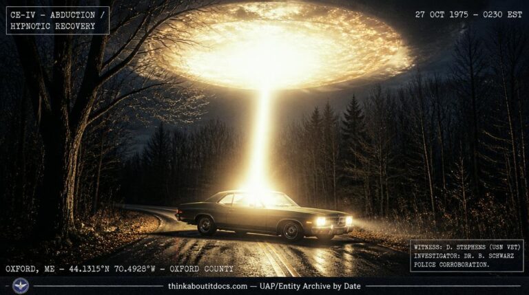 Dossier-style reconstruction of the October 27, 1975 Oxford Maine abduction showing a 1970s sedan skidded sideways on a dark rural road with an enormous luminous mass above the treeline projecting a blinding white-gold beam onto the vehicle with bare October trees casting shadows and HUD classification and investigator credential stamps