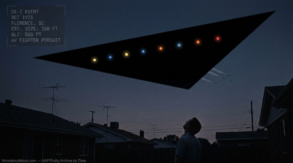 Dossier-style illustration of a massive black triangular craft with colored underside lights passing silently over a residential neighborhood in Florence, South Carolina at dusk, October 1971, with four fighter jets in distant pursuit.
